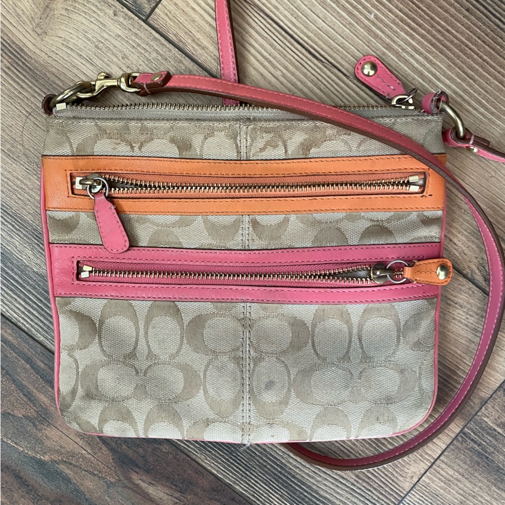 Coach Signature Tan and Pink and orange Crossbody Bag with Gold Hardware